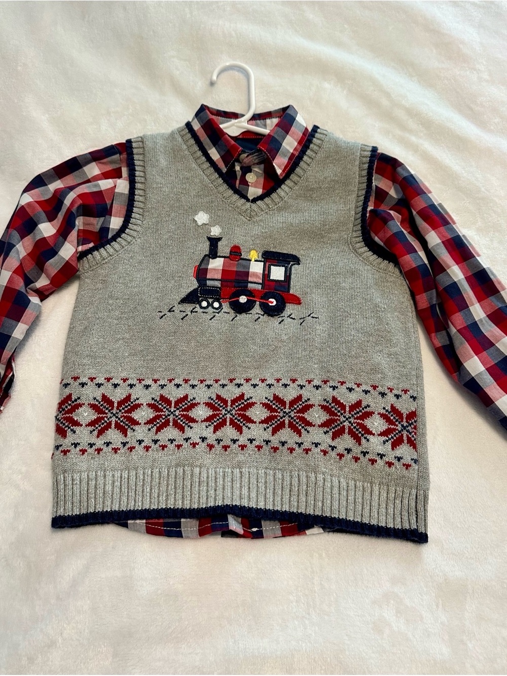 Izod Gray Sweater Vest with Red Train and Navy Trim with plaid button up shirt